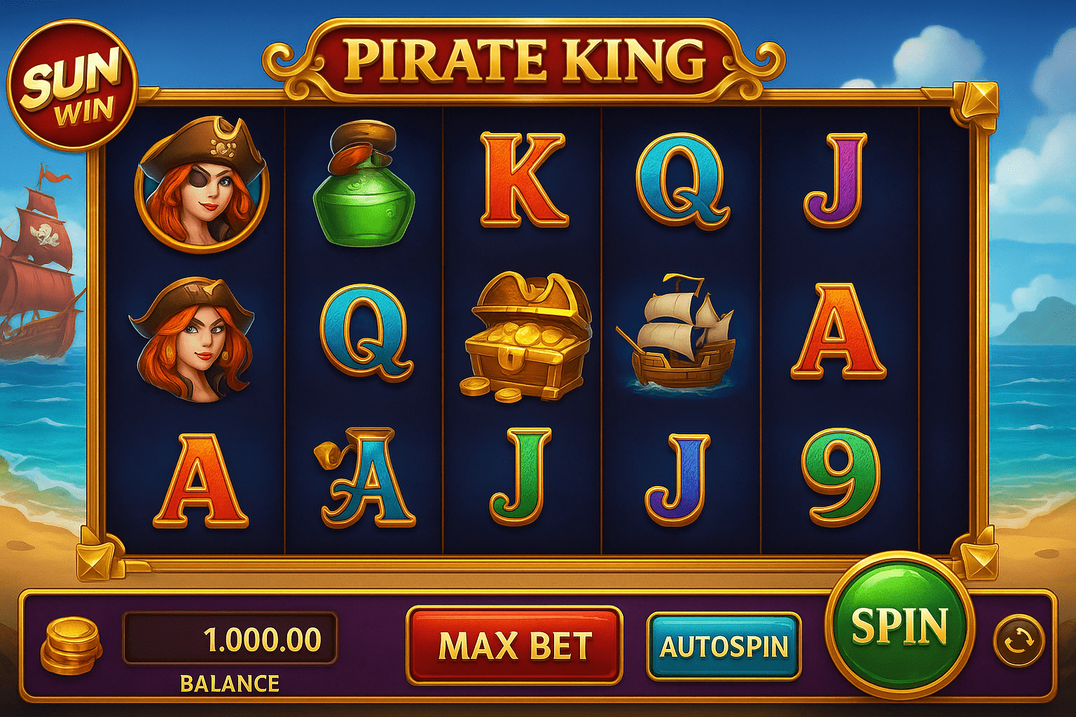 Ví dụ giao diện game slot Pirate King tại Sunwin – có chức năng Max Bet & Autospin Ví dụ giao diện game slot Pirate King tại Sunwin – có chức năng Max Bet & Autospin